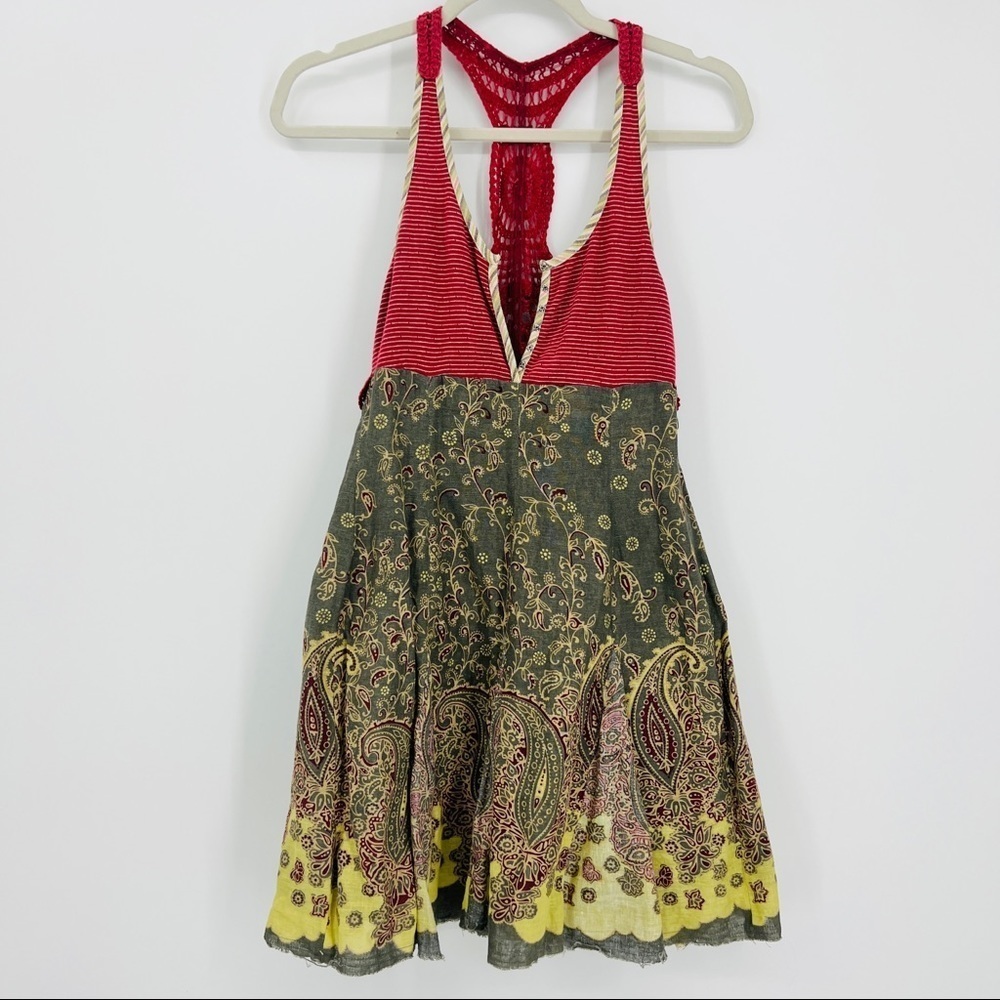 Free People Heartland Paisley Mixed Media Crochet Dress - XS - Burgundy & Olive - Picture 7 of 16